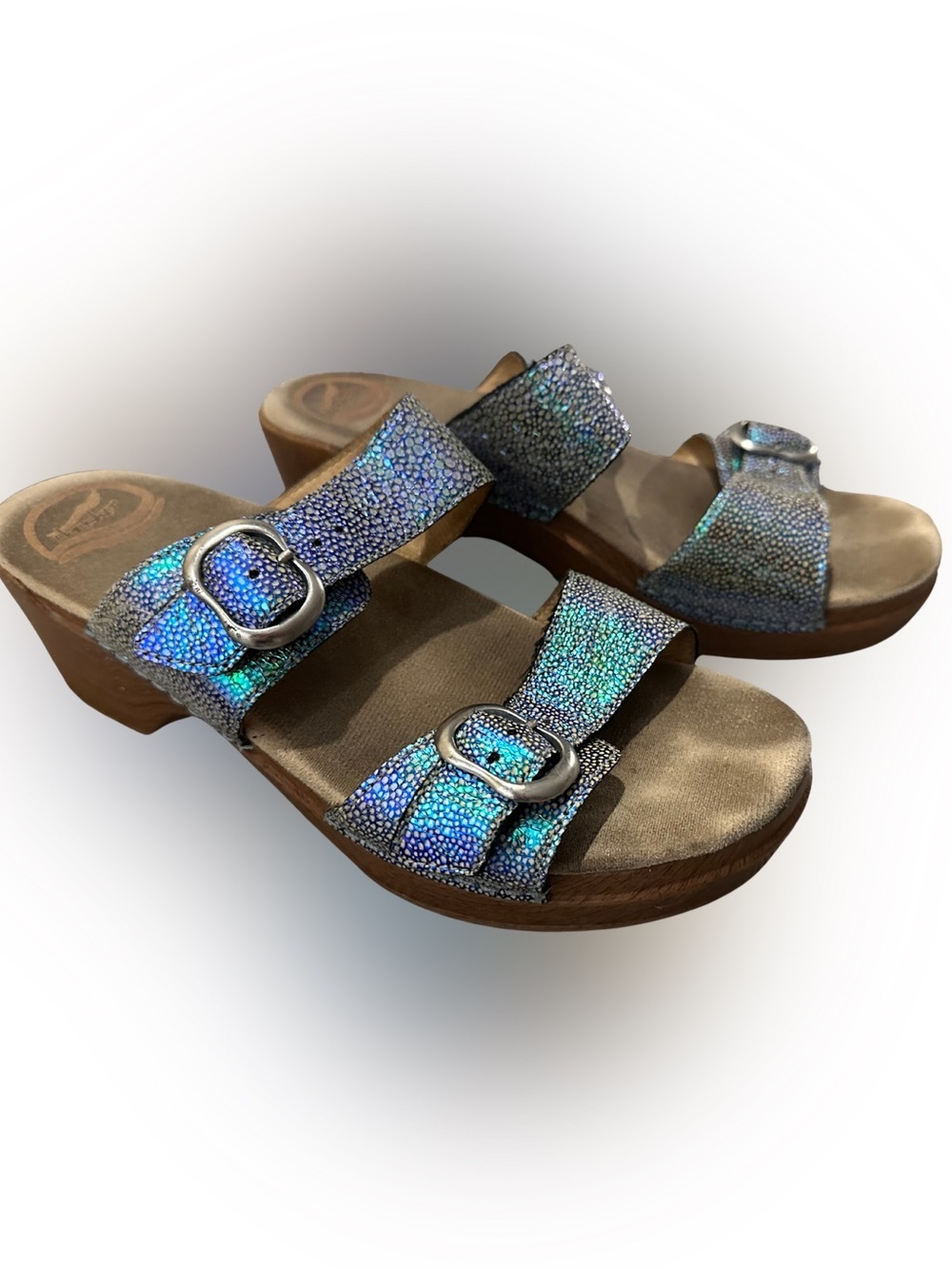 Dansko Sophie Sandals Blue Iridescent Metallic Leather Buckle Slides Sz 40